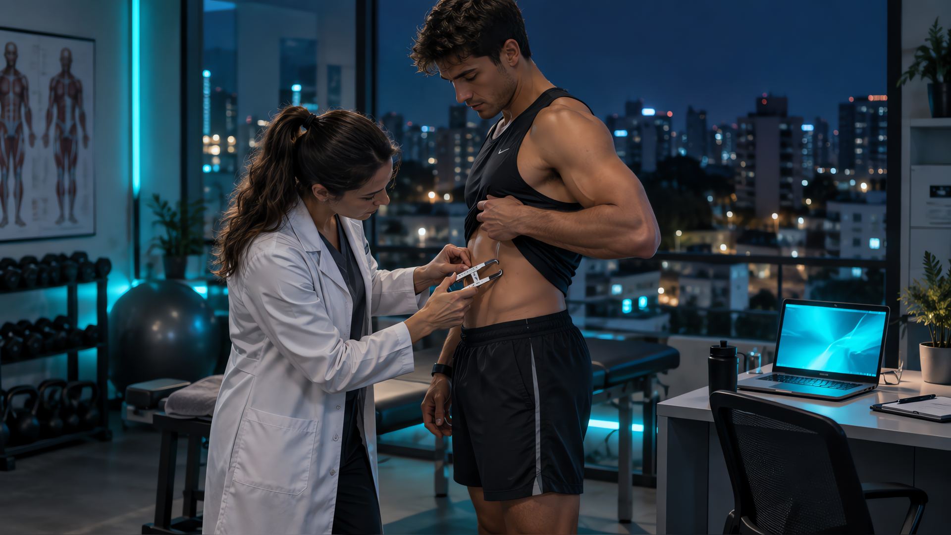 Médico deportólogo midiendo a un deportista