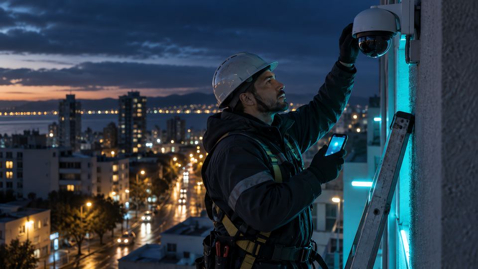 Técnico de seguridad electrónica instalando una cámara